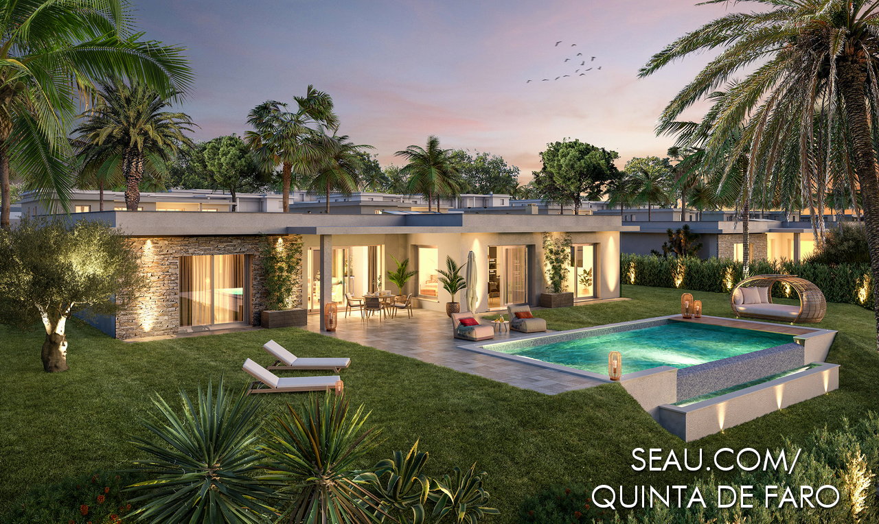 Quinta de Faro is a private condominium comprising 37 villas for sale, with concierge service, located in front of the Ria Formosa in Faro. The villas have a private pool on isolated plots ranging from 1121.30 m2 to 754.30 m2. In this condominium there are one-story houses and two-storey houses, consisting of ground floor and basement. The one-story villas are available in types of 3 en-suite bedrooms, and the two-storey villas are available in types of 4 en-suite and 5 en-suite bedrooms. Quinta de Faro is under construction, with 17 villas in the first phase.