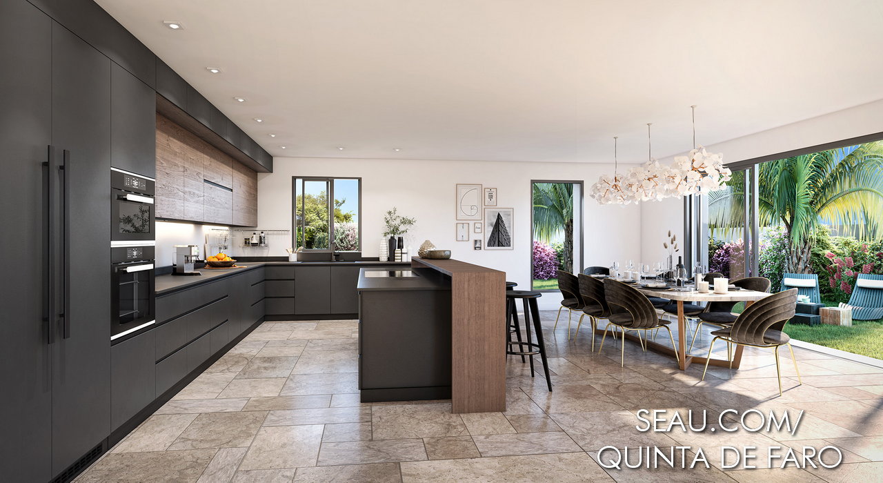 Cozinha totalmente equipada com eletrodomésticos de gama alta, e piso em pedra natural travertino de grande formato