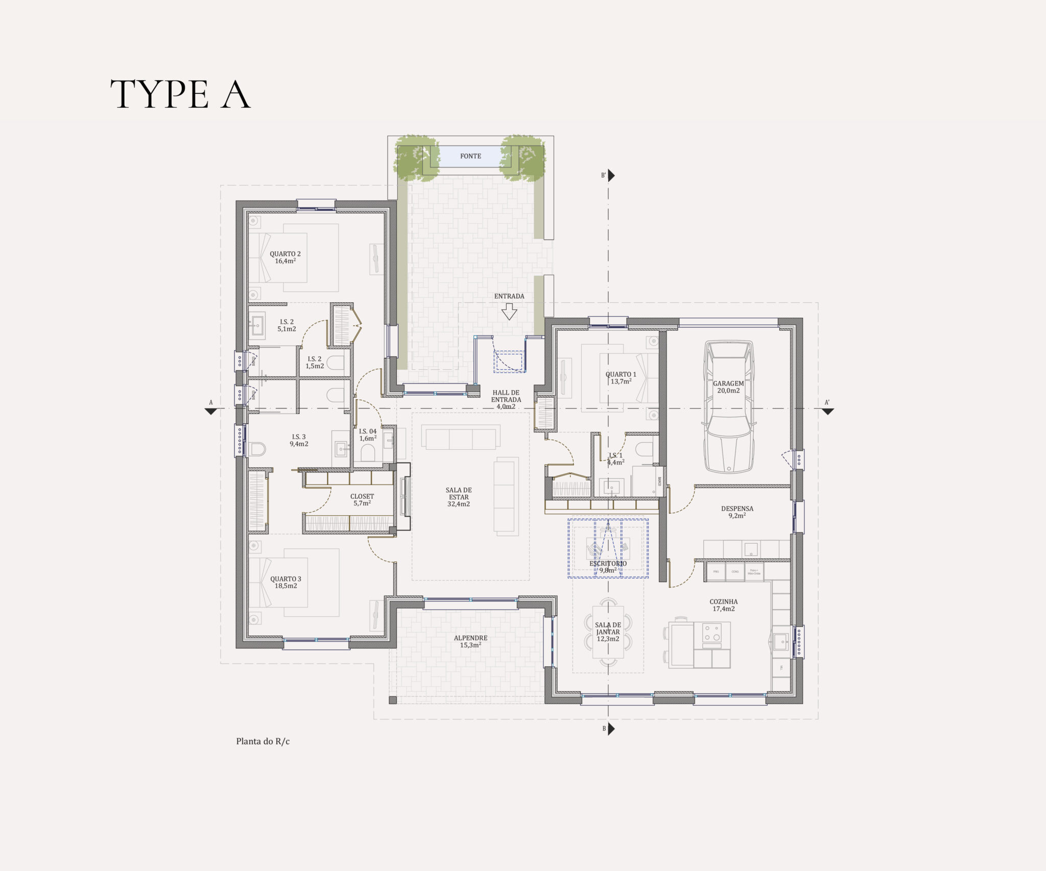 The villas are made up of 4 different types: Type A Villas, Type B Villas, and Type C Villas. This image is an example of the ground floor of Type A Villas