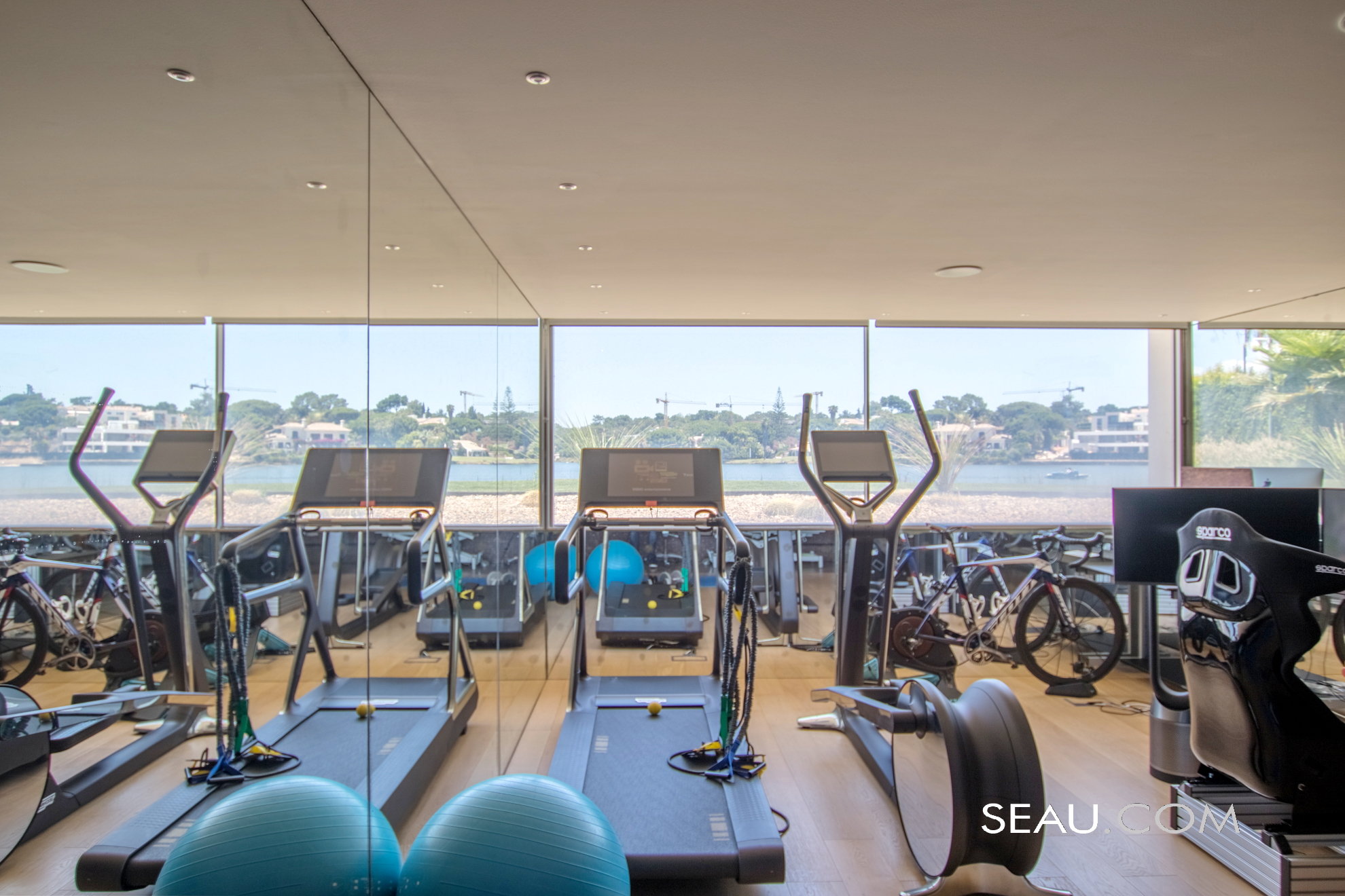 Super equipped gym overlooking the garden and lake